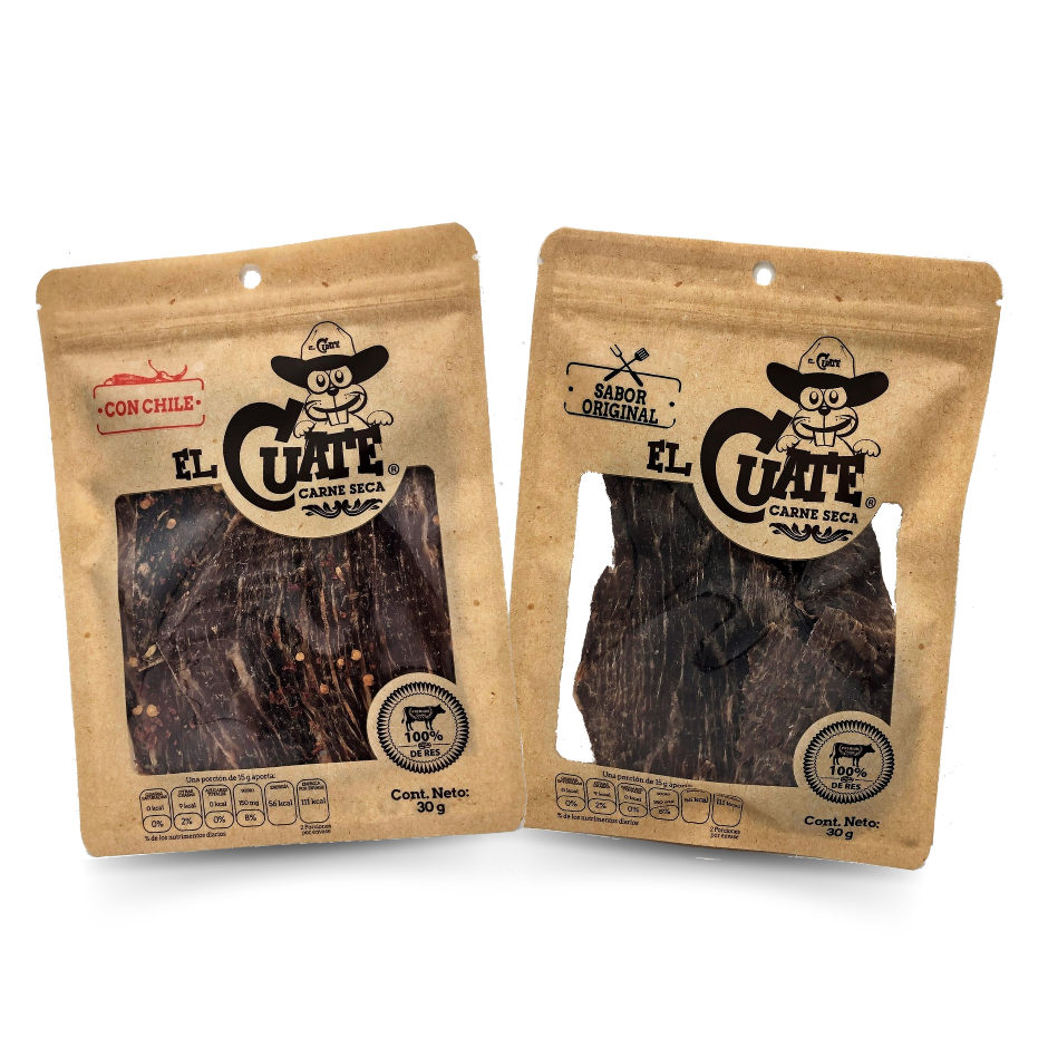 24 Bolsas de Carne seca 30g El Cuate®- 12 Con Chile y 12 Original